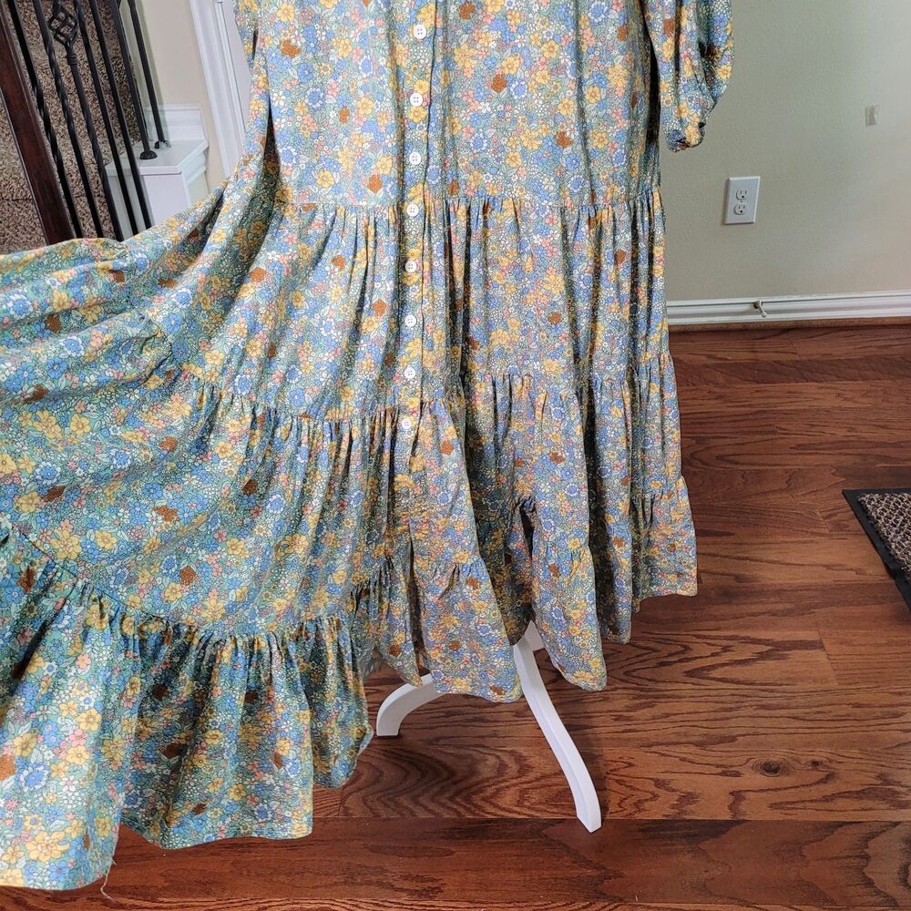 MABLE Cottagecore Tiered Maxi Shirt Dress Groovy Floral Print Spring Vacation - Picture 8 of 16